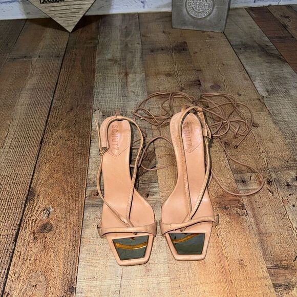 Schutz Vikki Leather Wrap Tan Heels 8 - Picture 5 of 15